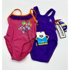 2T Toddlers Two Girls One Piece Swim Suits NWT New Purple TYR Pink Orange Arena